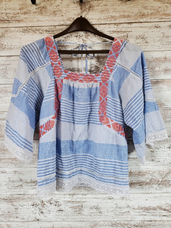Democracy Tops - Democracy Blue Striped Boho Peasant Top with Red Embroidery and Lace Trim